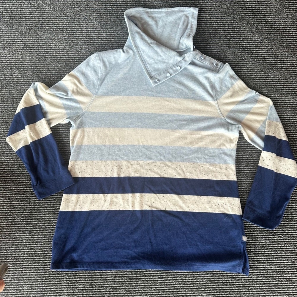 T by Talbots Women Blue Striped Funnel Neck Button Asymmetrical Top Large